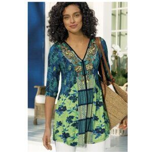 Soft Surroundings Marilla Tunic Top M Beaded Embroidery 3/4 Sleeve Blue Green